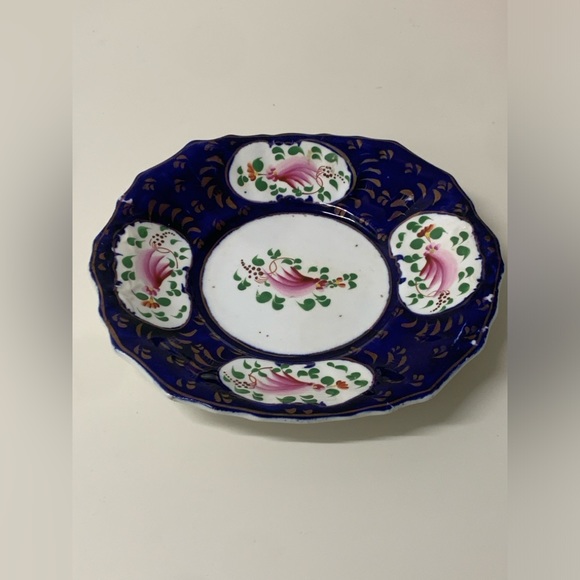 19th Century Vintage Gaudy Welsh Feather Pattern Square Scalloped Plate - Picture 10 of 15